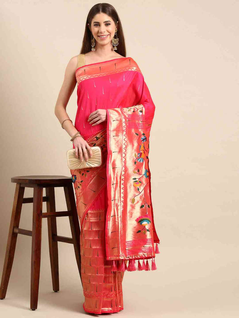 Yevla Paithani Minakari Work Silk Saree in Pink Colour