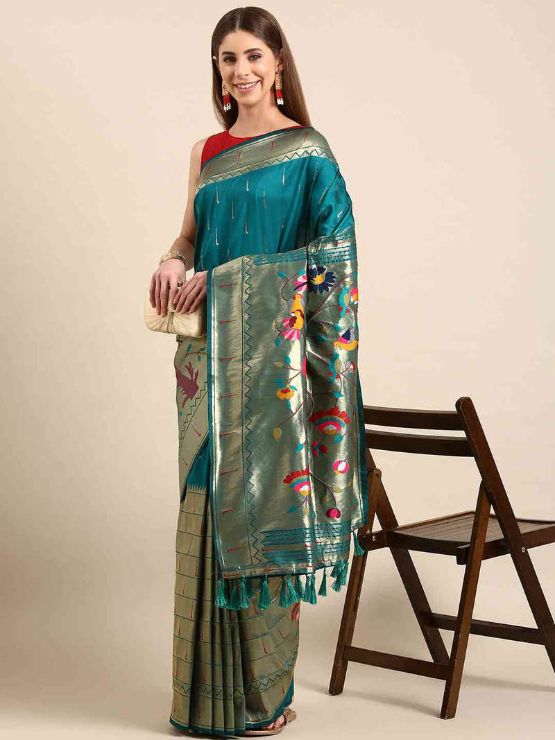 Yevla Paithani Minakari Work Silk Saree in Rama Colour