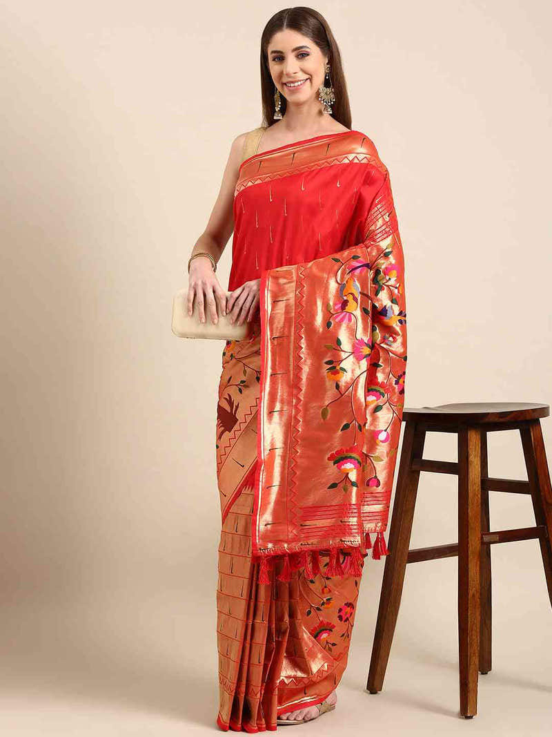 Yevla Paithani Meenakari Work Silk Saree in Red Colour