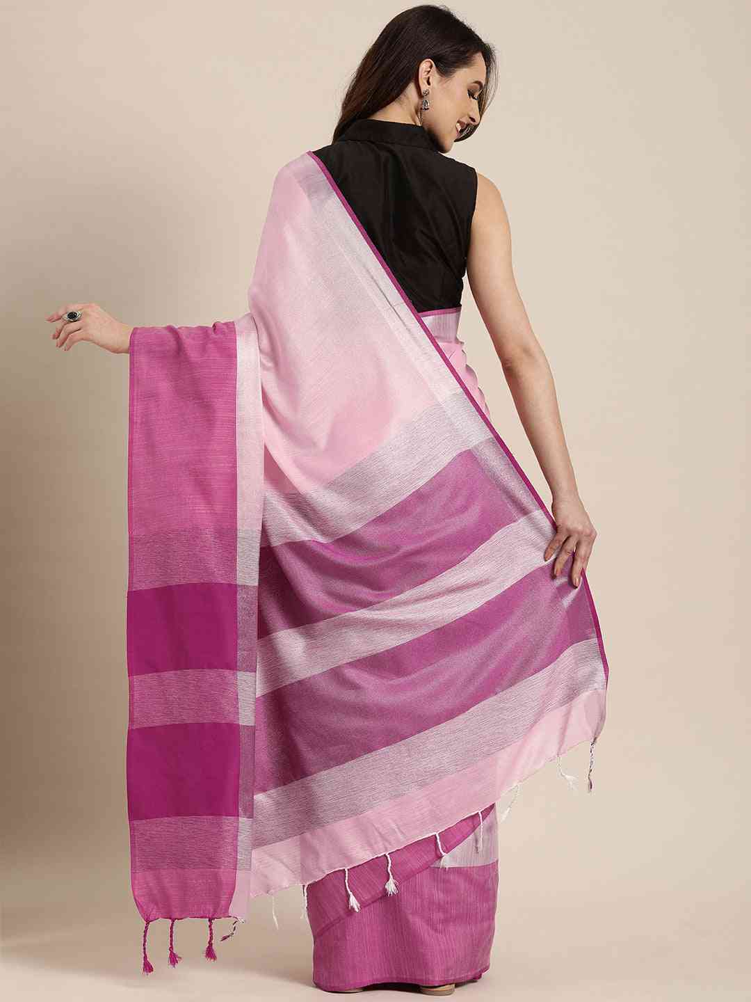 Elegant Pink Solid Linen Blend Saree