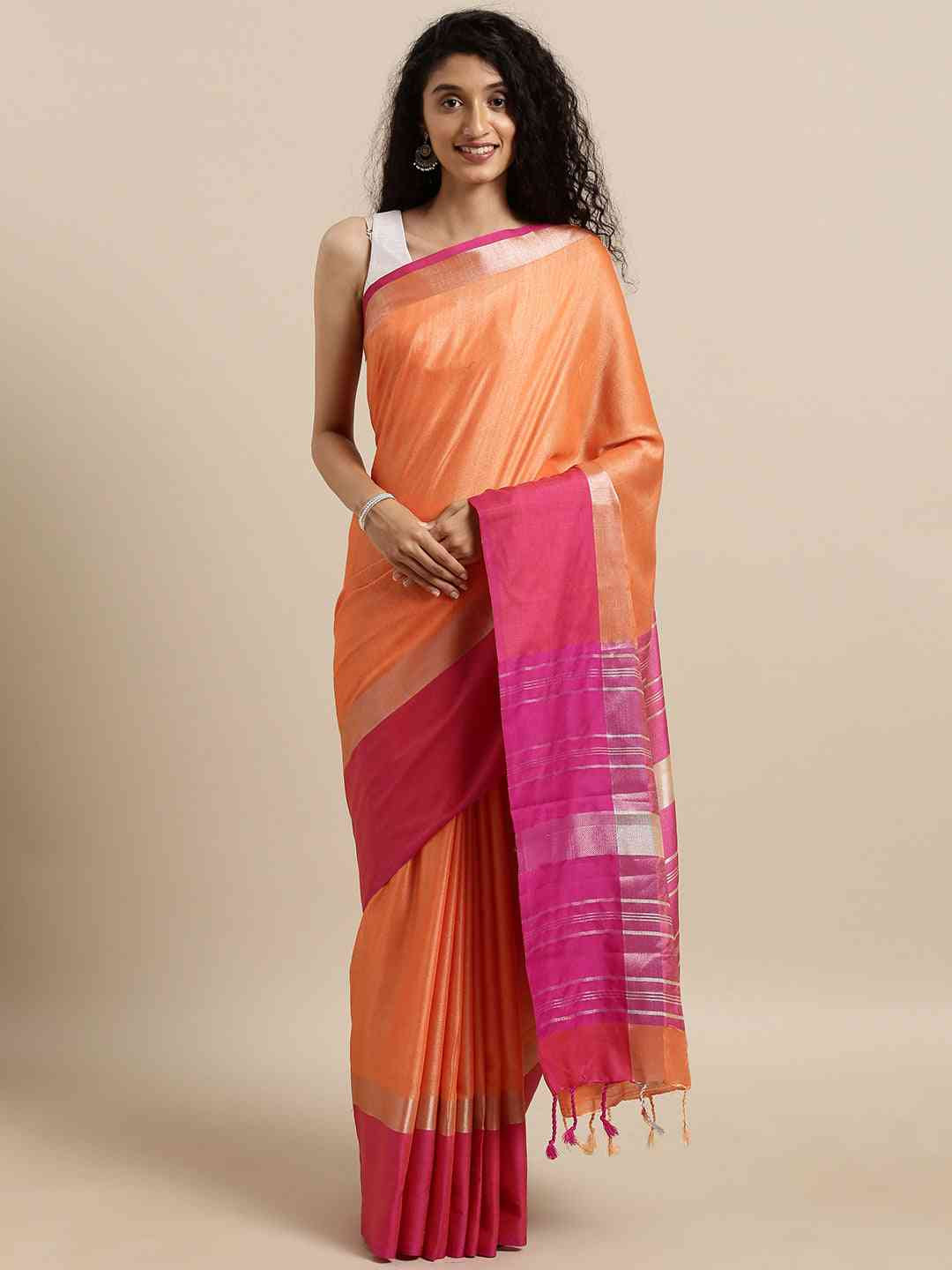 Orange Colour Solid Linen Blend Saree With Zari Border