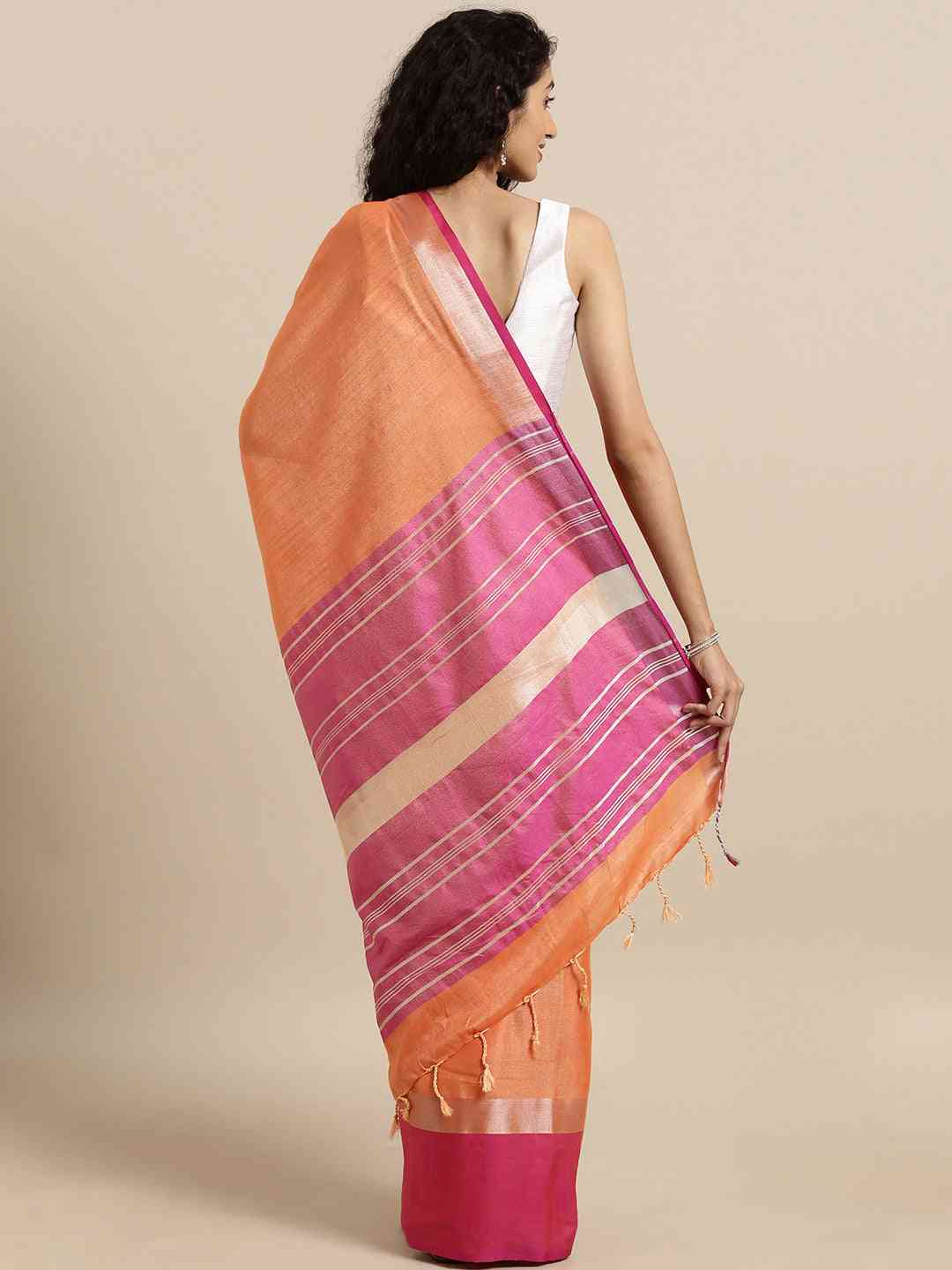 Orange Colour Solid Linen Blend Saree With Zari Border