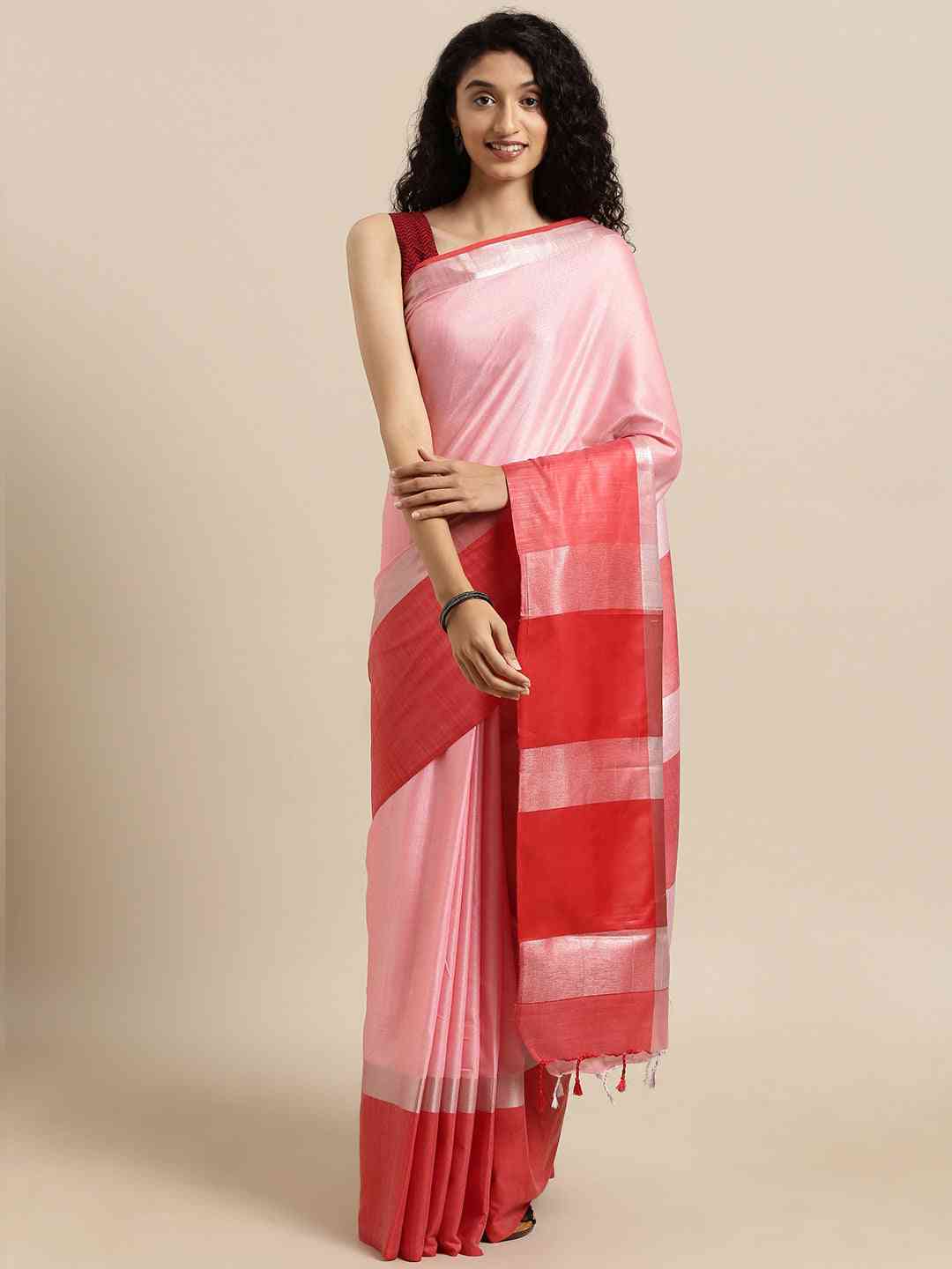 Latest Red Colour Solid Linen Blend Saree