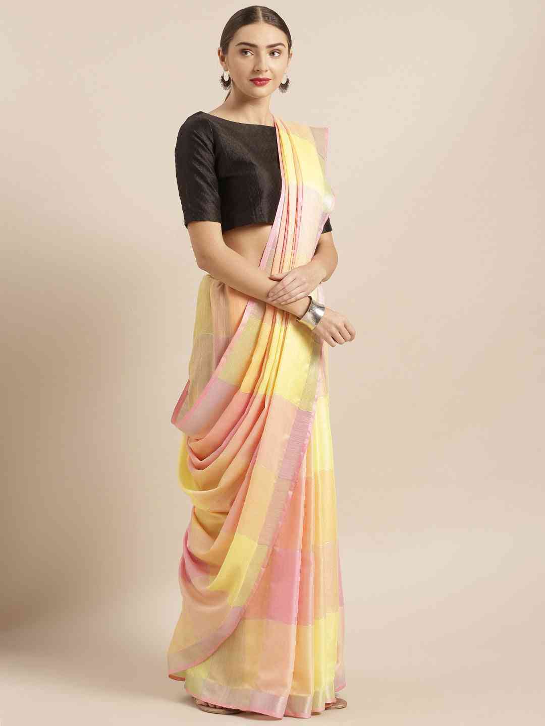 Latest Linen Blend Checked Banarasi Saree in Peach Colour