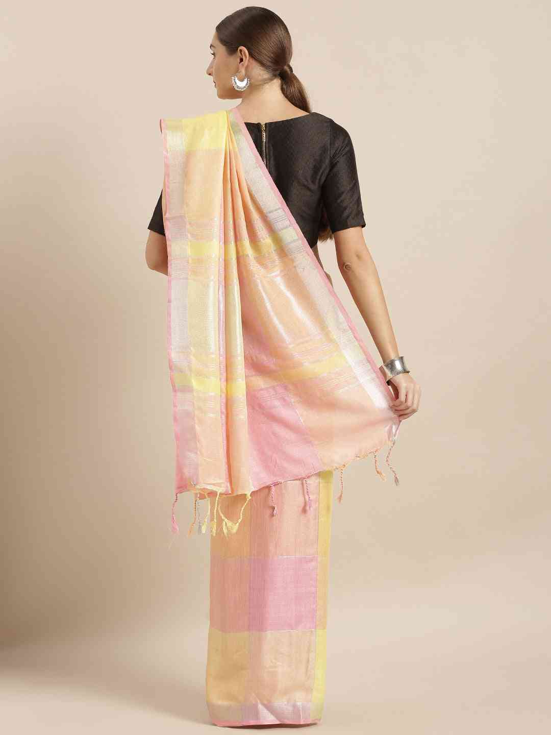 Latest Linen Blend Checked Banarasi Saree in Peach Colour