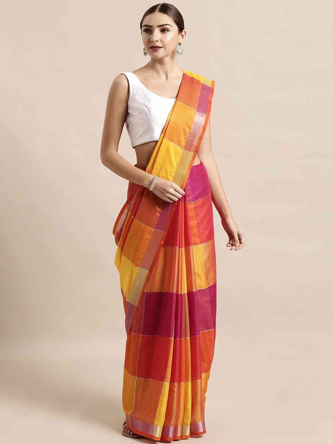 Stylish Linen Blend Checked Banarasi Saree in Red Colour