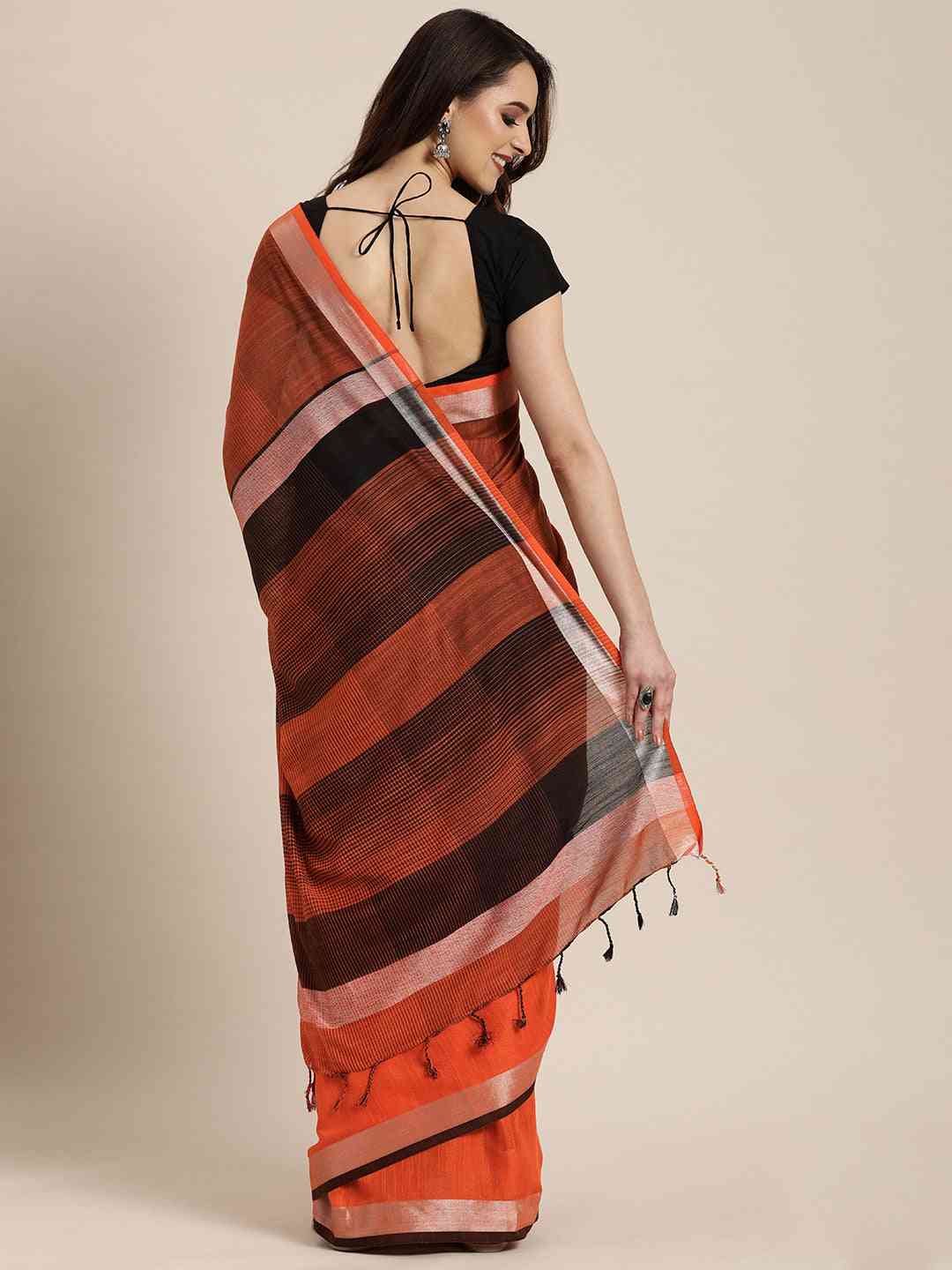 Stylish Orange Colour Striped Linen Blend Saree