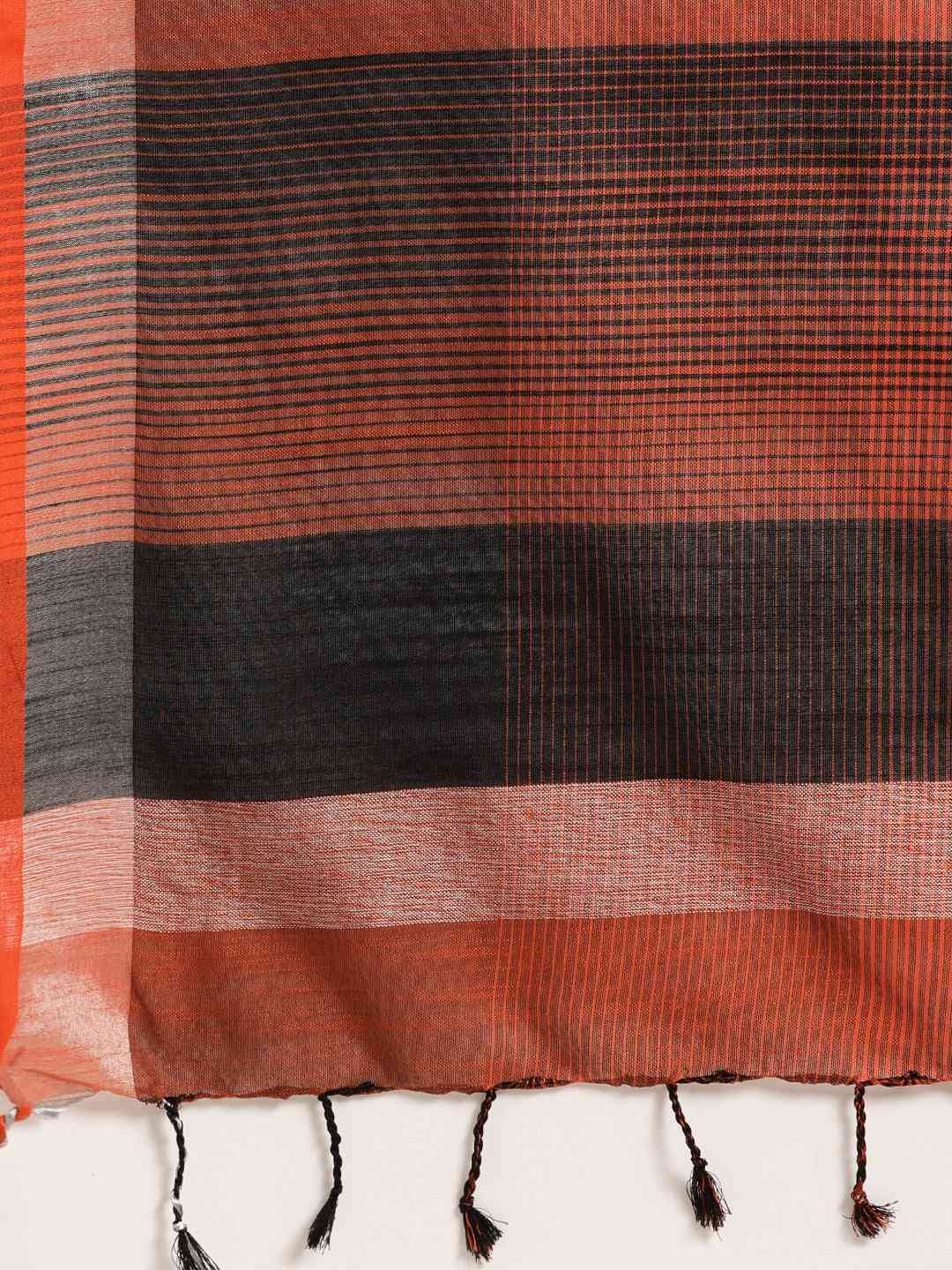 Stylish Orange Colour Striped Linen Blend Saree