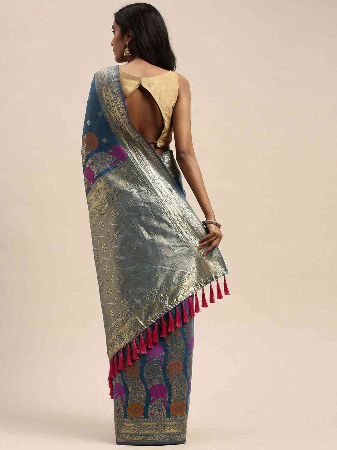 Latest Banarasi Zari Border Cotton Saree In Firozi Colour