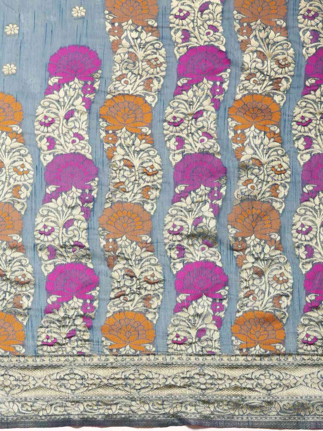 Latest Banarasi Zari Border Cotton Saree In Firozi Colour