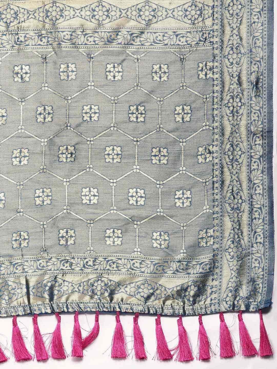 Latest Banarasi Zari Border Cotton Saree In Firozi Colour