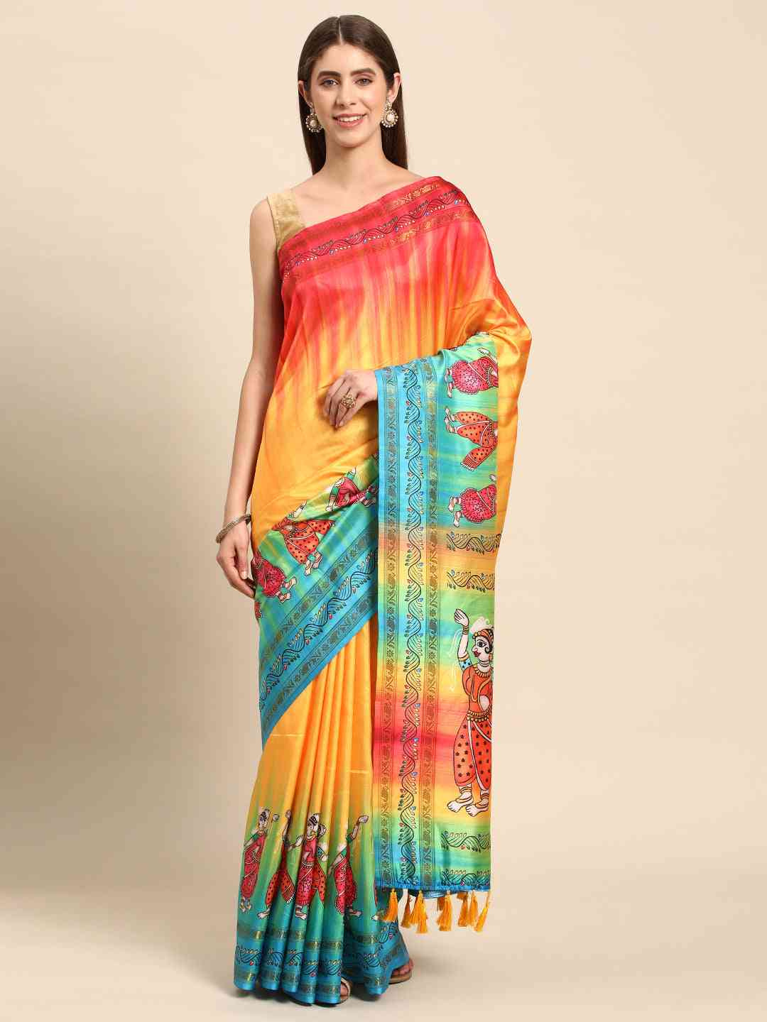 Beautiful Kalamkari Silk Saree With Block Print