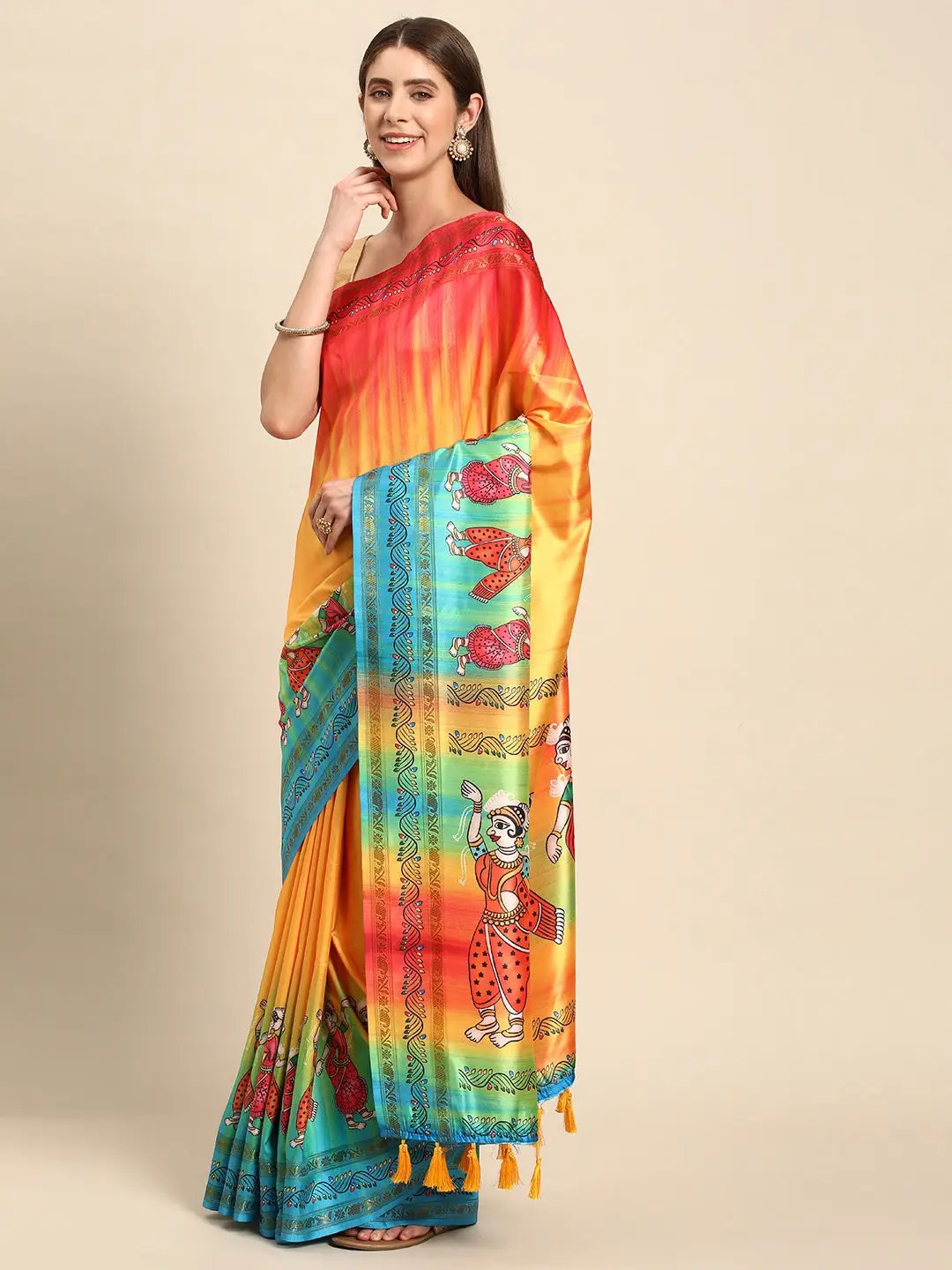Beautiful Kalamkari Silk Saree With Block Print