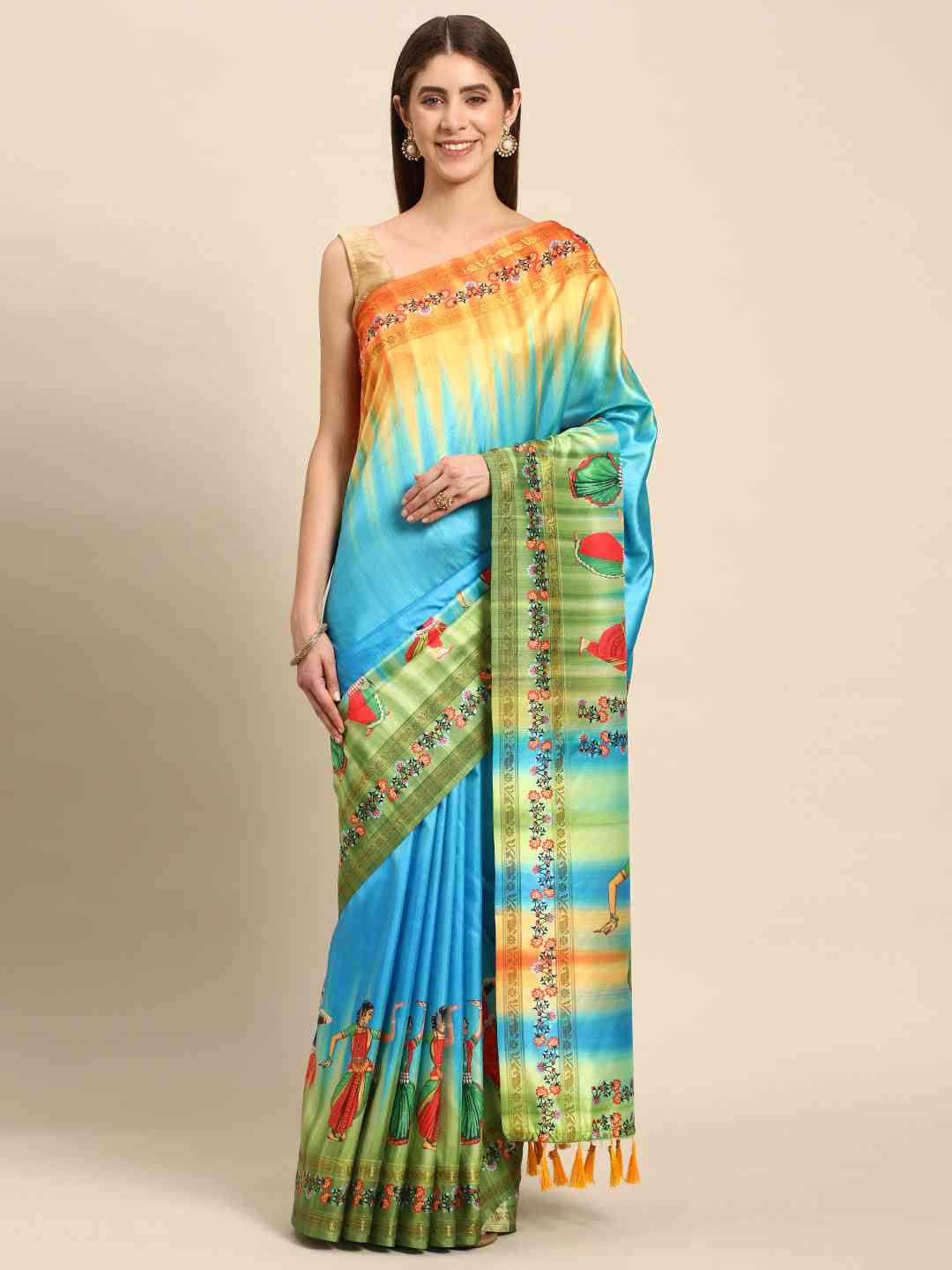 Stylish Sky Blue Colour Kalamkari Silk Saree