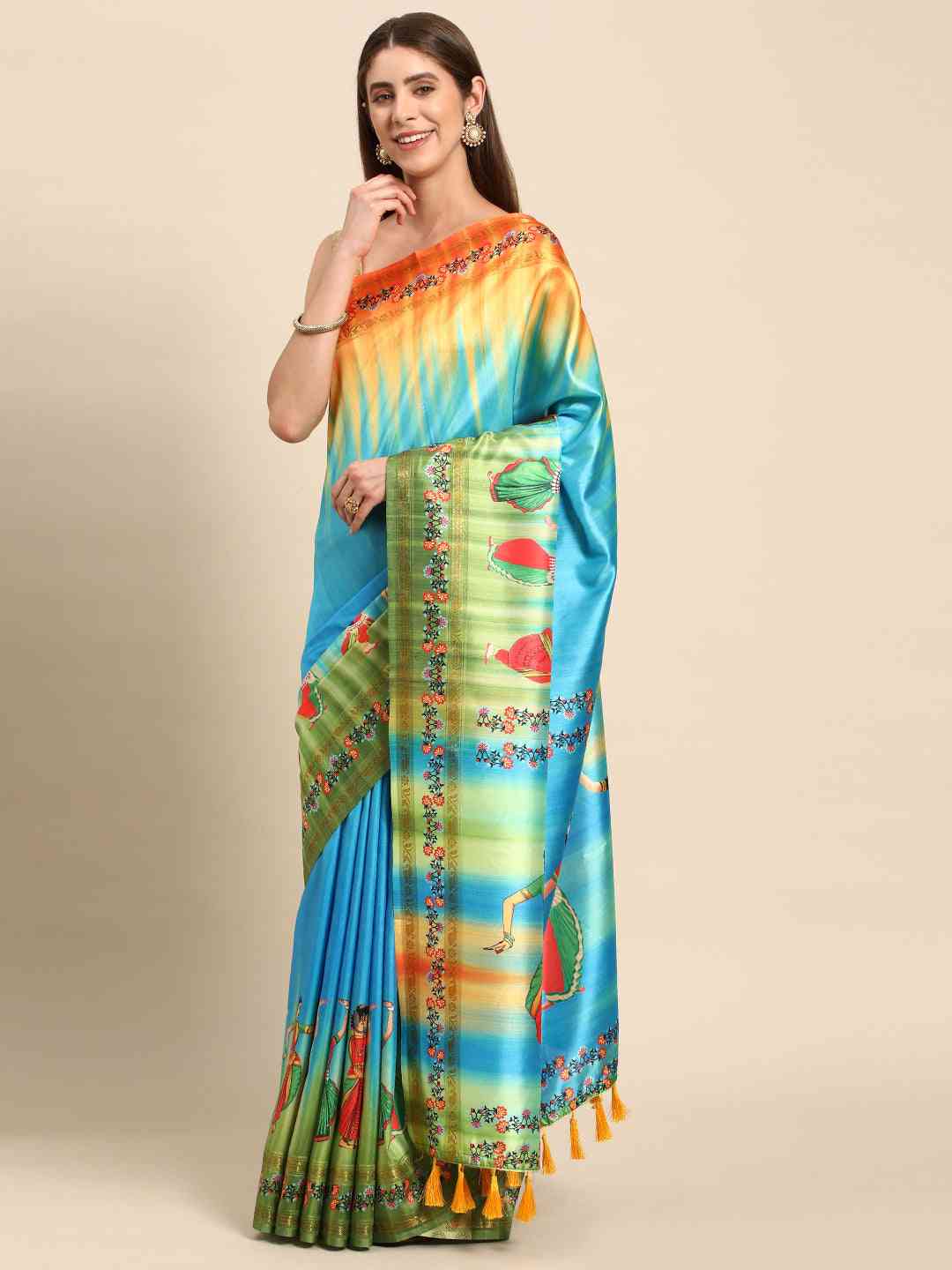 Stylish Sky Blue Colour Kalamkari Silk Saree