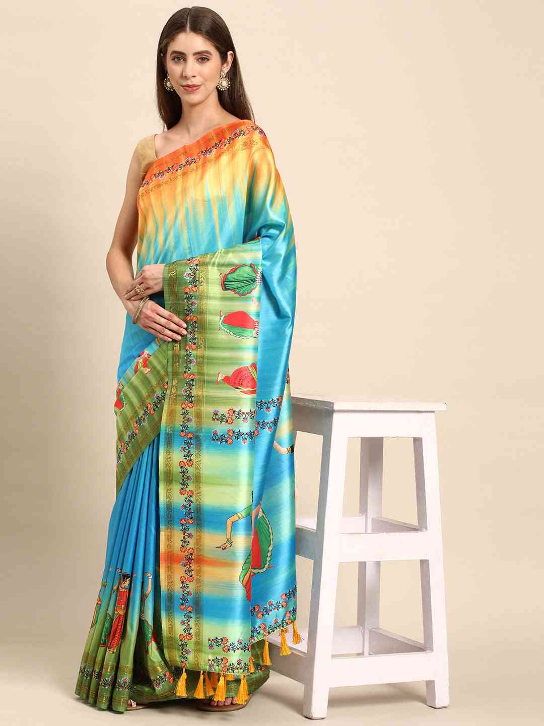 Stylish Sky Blue Colour Kalamkari Silk Saree