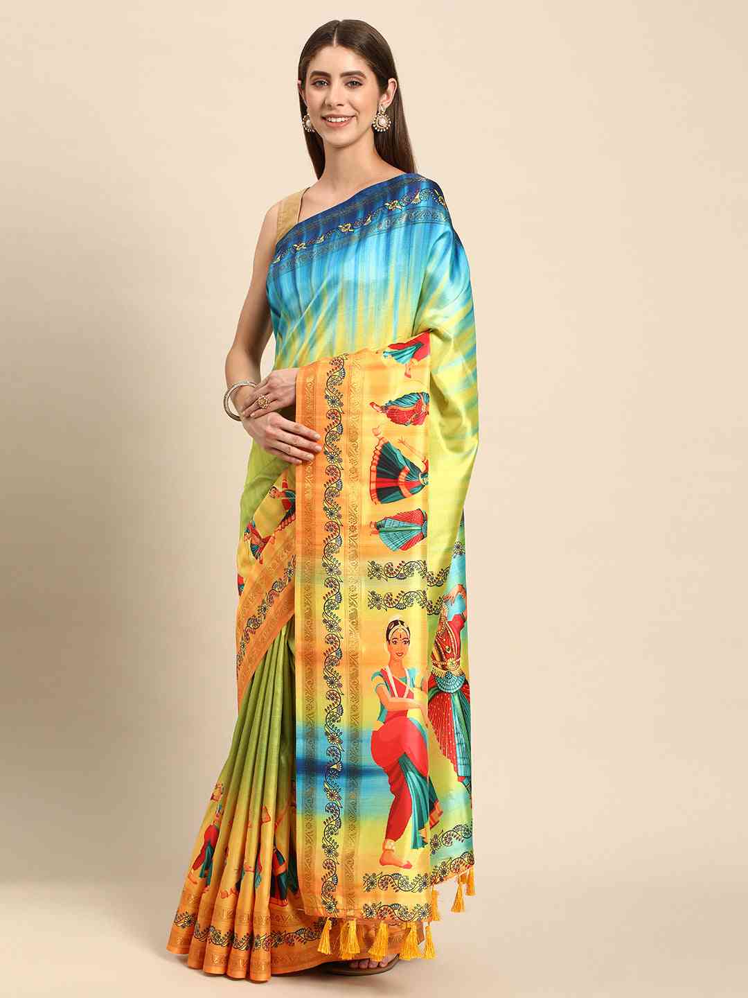 Multi Colour Stylish Kalamkari Silk Saree With Block Print
