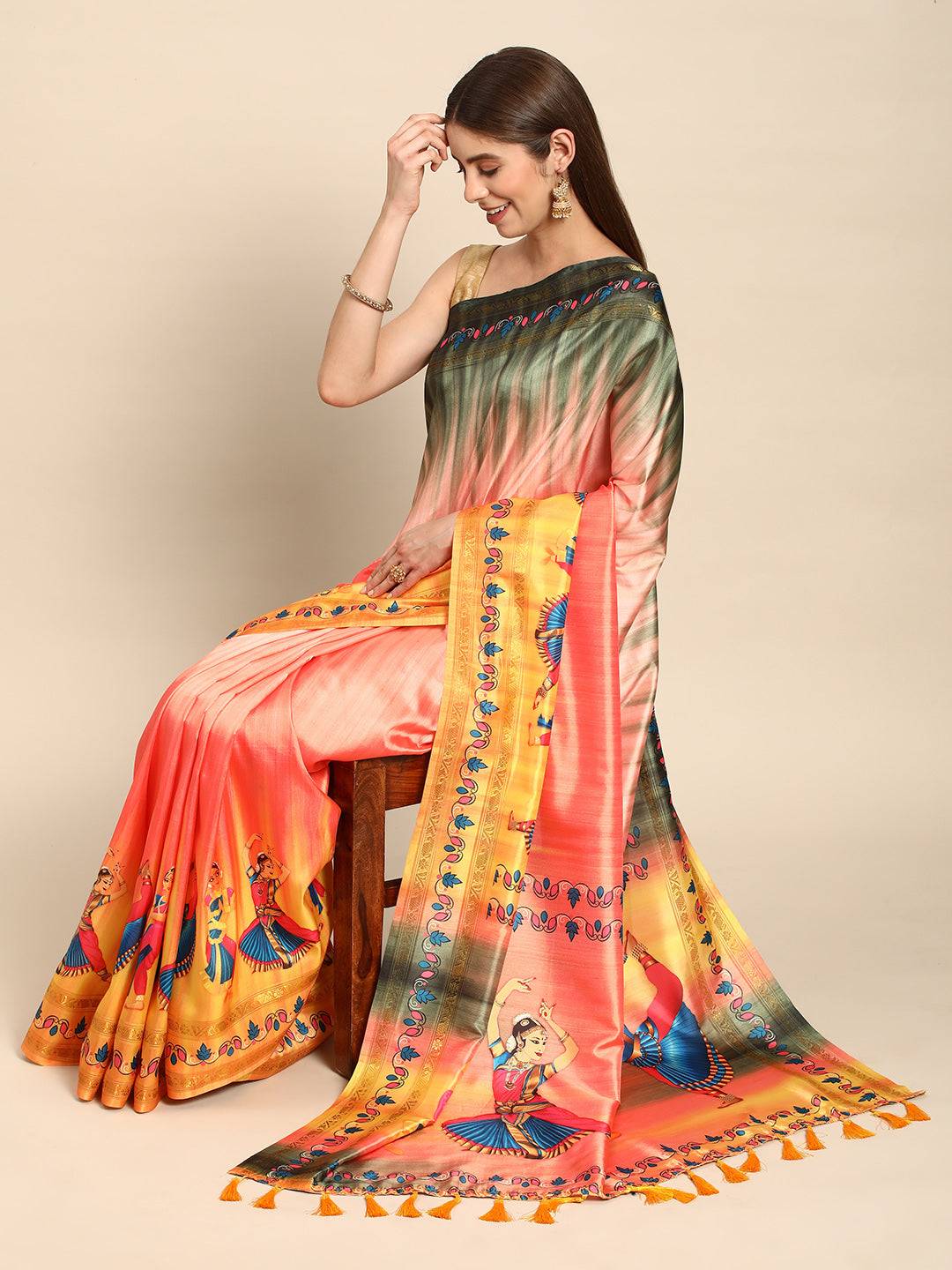Kalamkari silk saree draped elegantly with block print details
