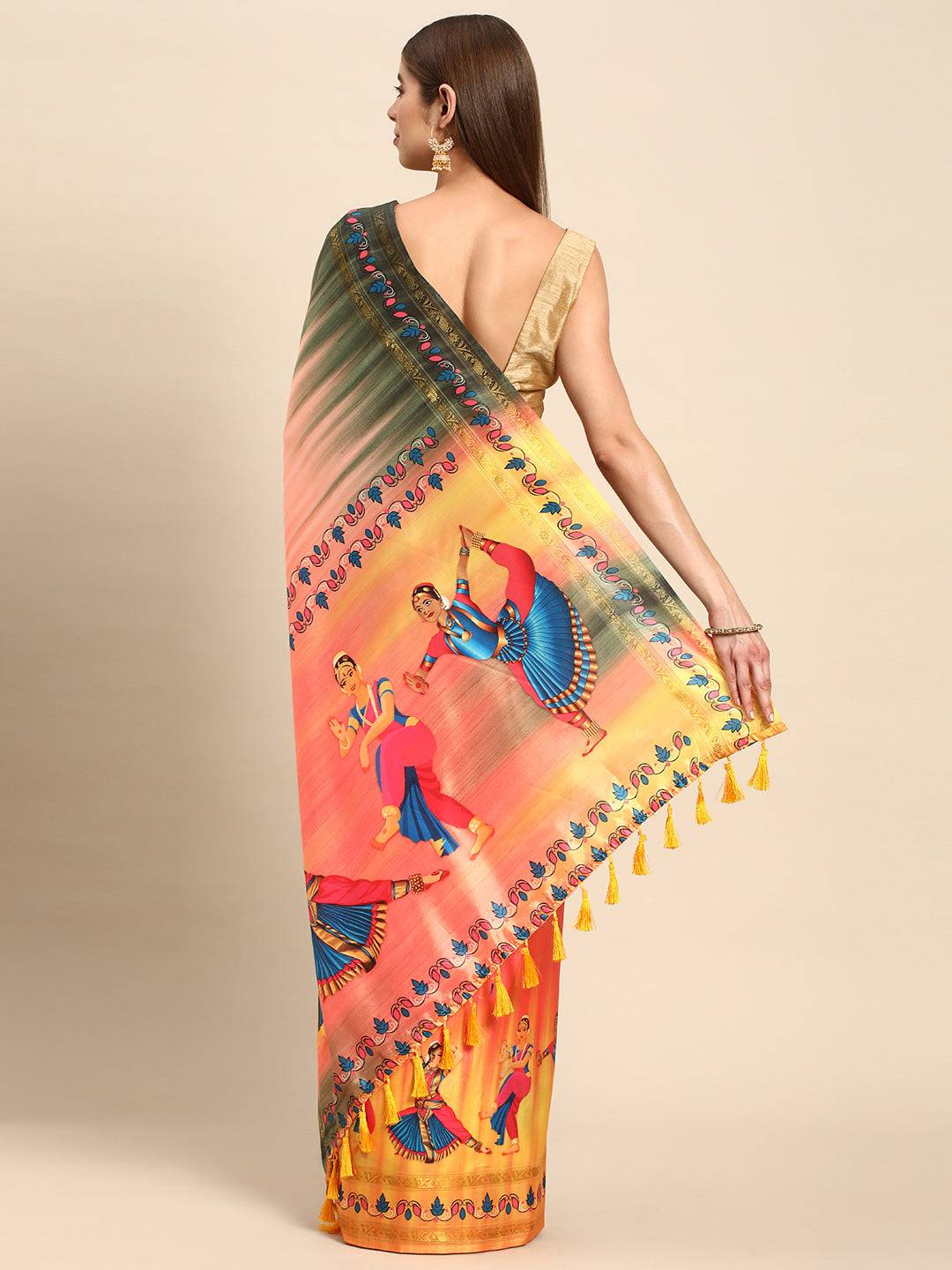 Back view of Kalamkari silk saree with colorful block prints