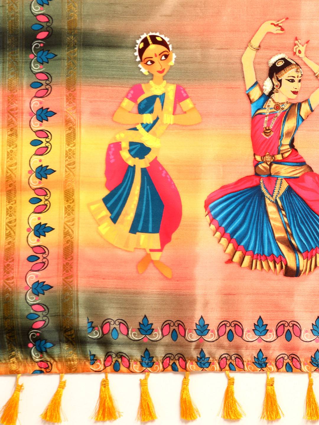 Detailed block print design on Kalamkari silk saree