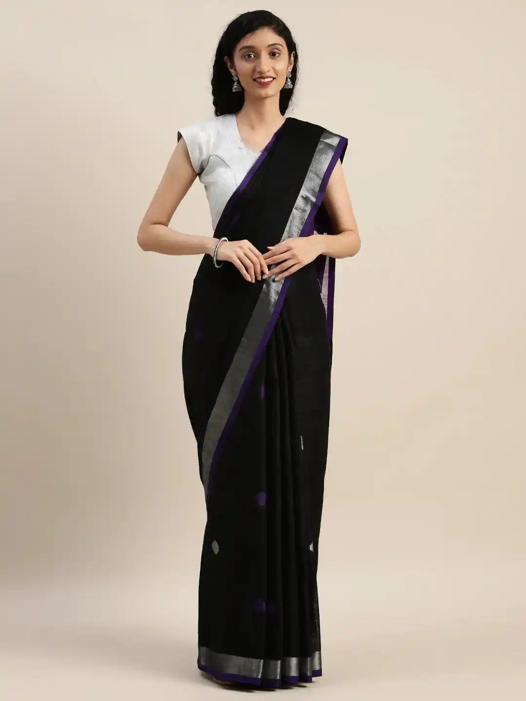 Latest Banarasi Purple Colour Polka Dots & Zari Border Saree