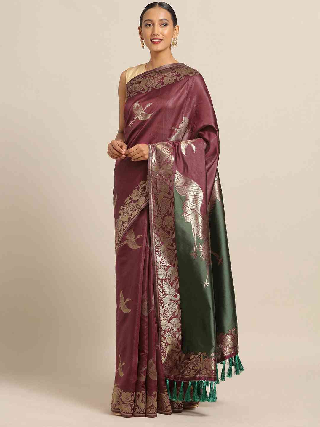 Banarasi Maroon Colour Zari Border Saree With Ethnic Motifs