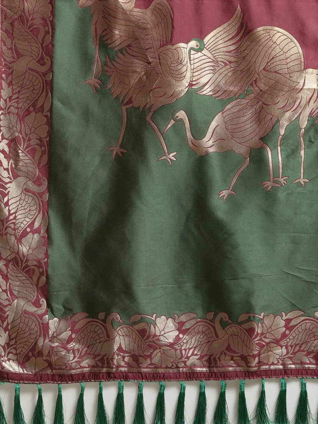 Banarasi Maroon Colour Zari Border Saree With Ethnic Motifs