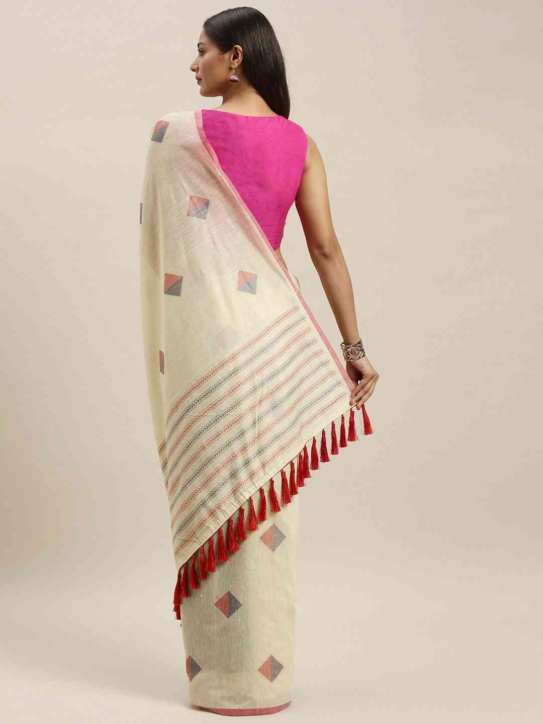 Banarasi Cream Colour Geometric Print Linen Saree