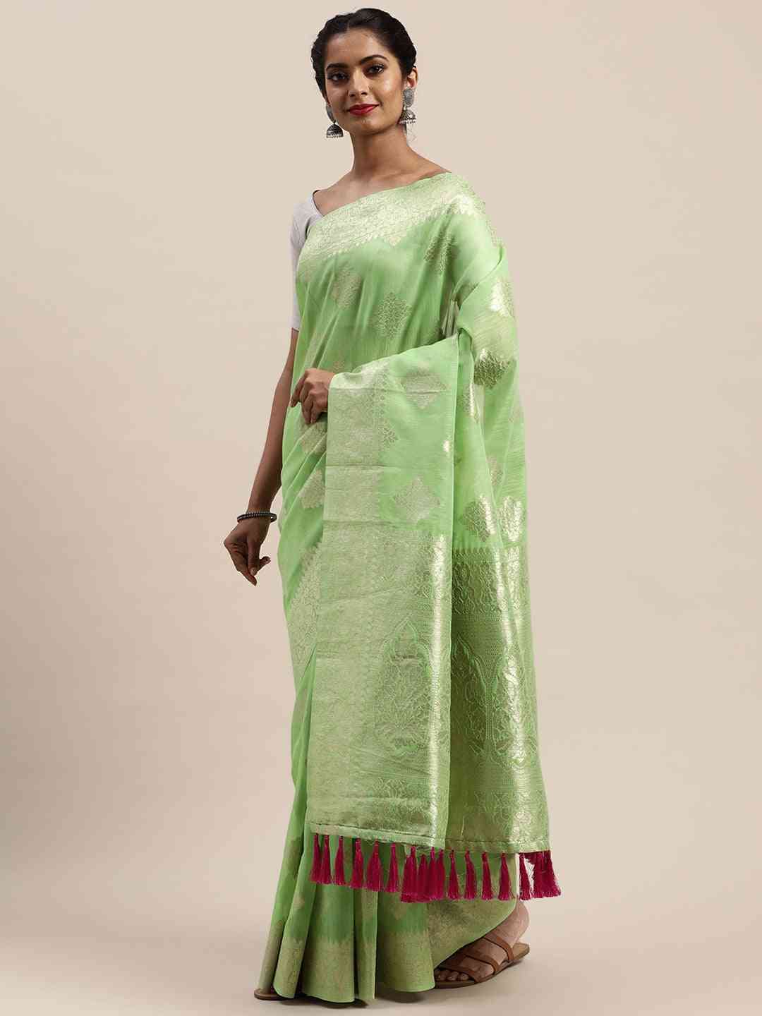 Stylish Pista Colour Woven Design Cotton Saree
