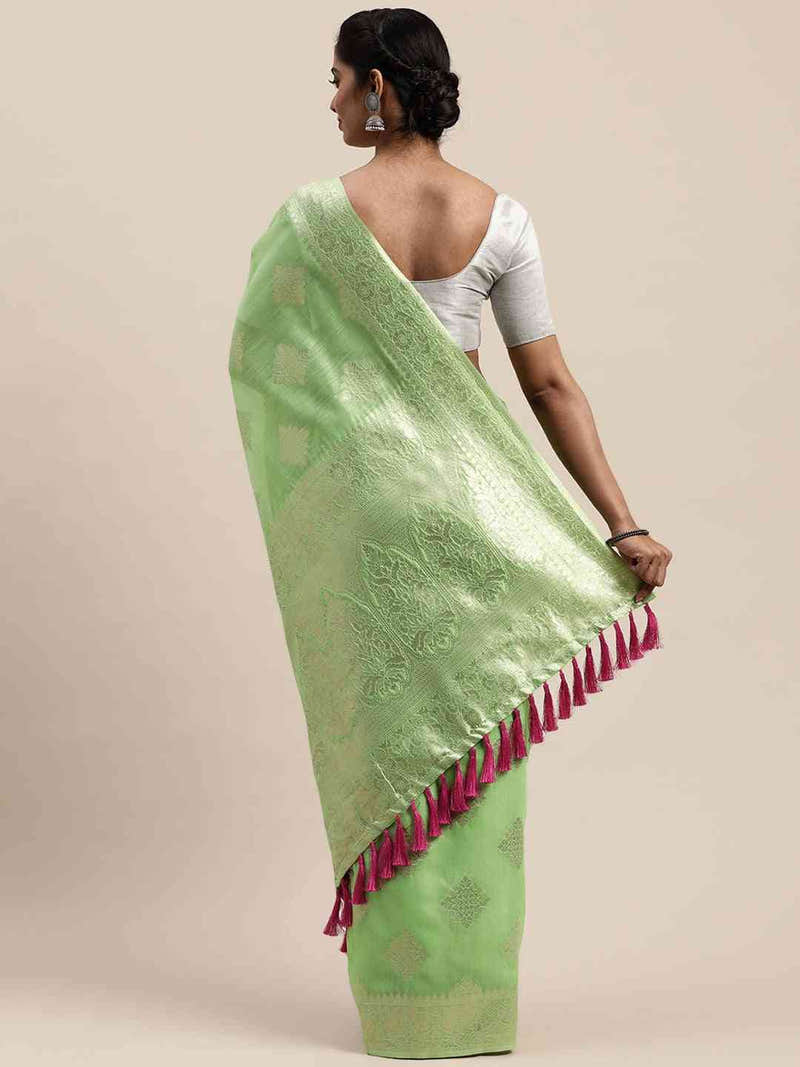 Stylish Pista Colour Woven Design Cotton Saree