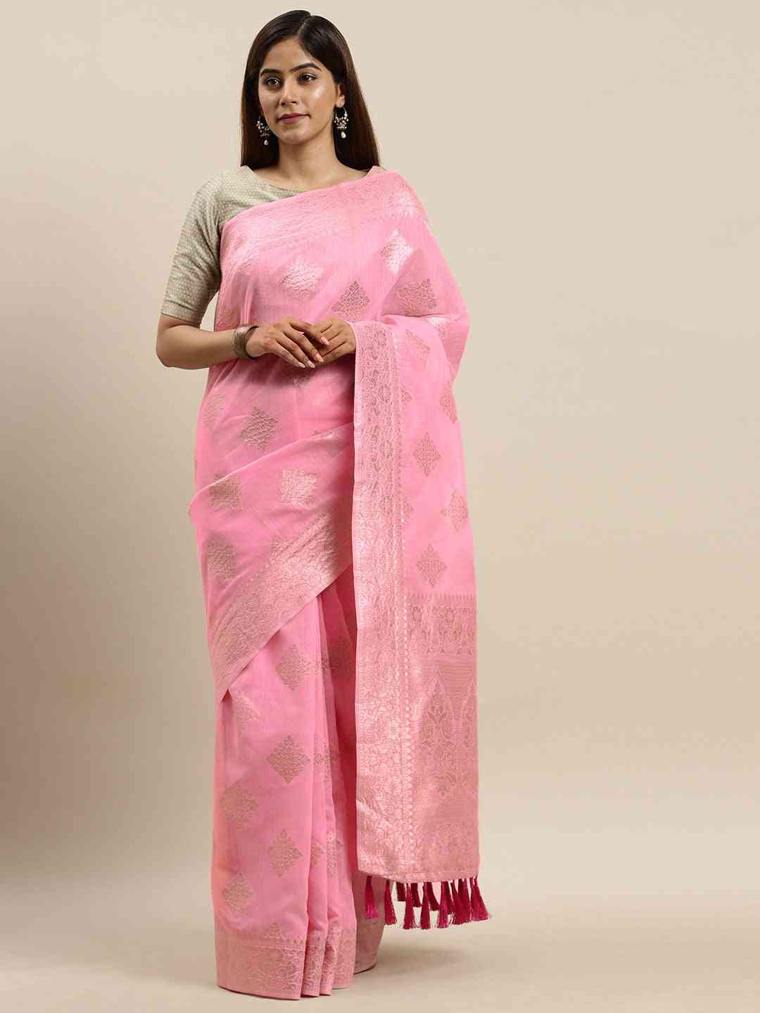 Stylish Light Pink Colour Woven Design Cotton Saree