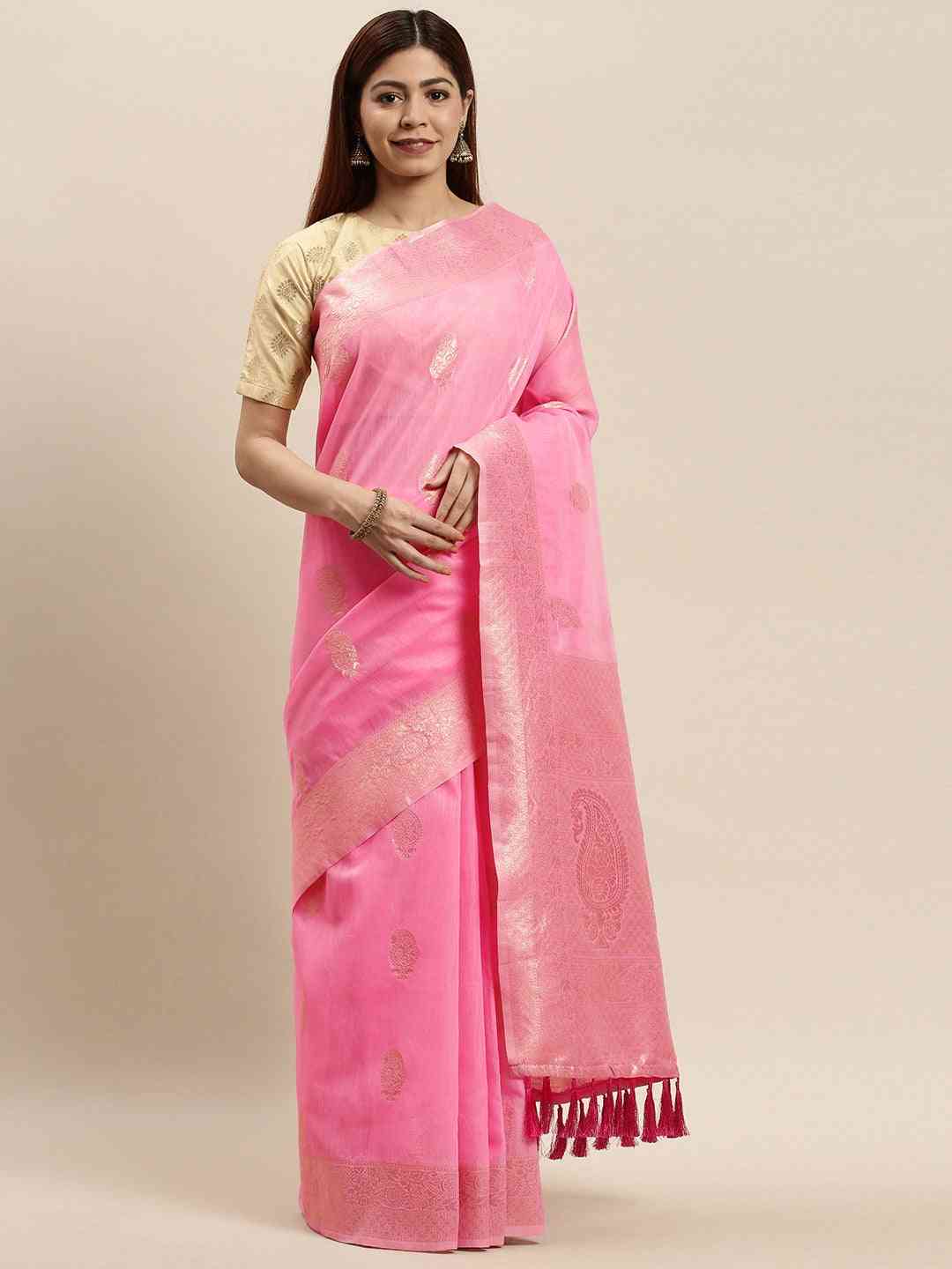 Bollywood Pink Colour Woven Design Cotton Saree