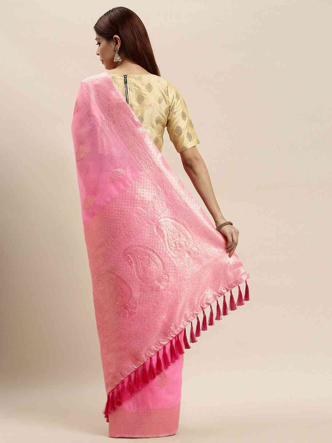 Bollywood Pink Colour Woven Design Cotton Saree