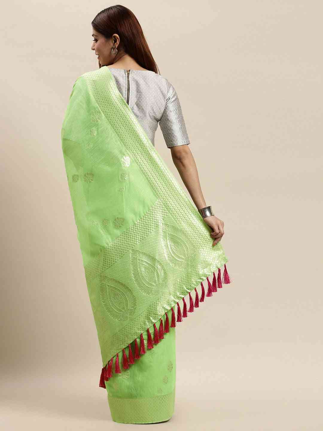 Stylish Bollywood Lime Colour Woven Design Cotton Saree