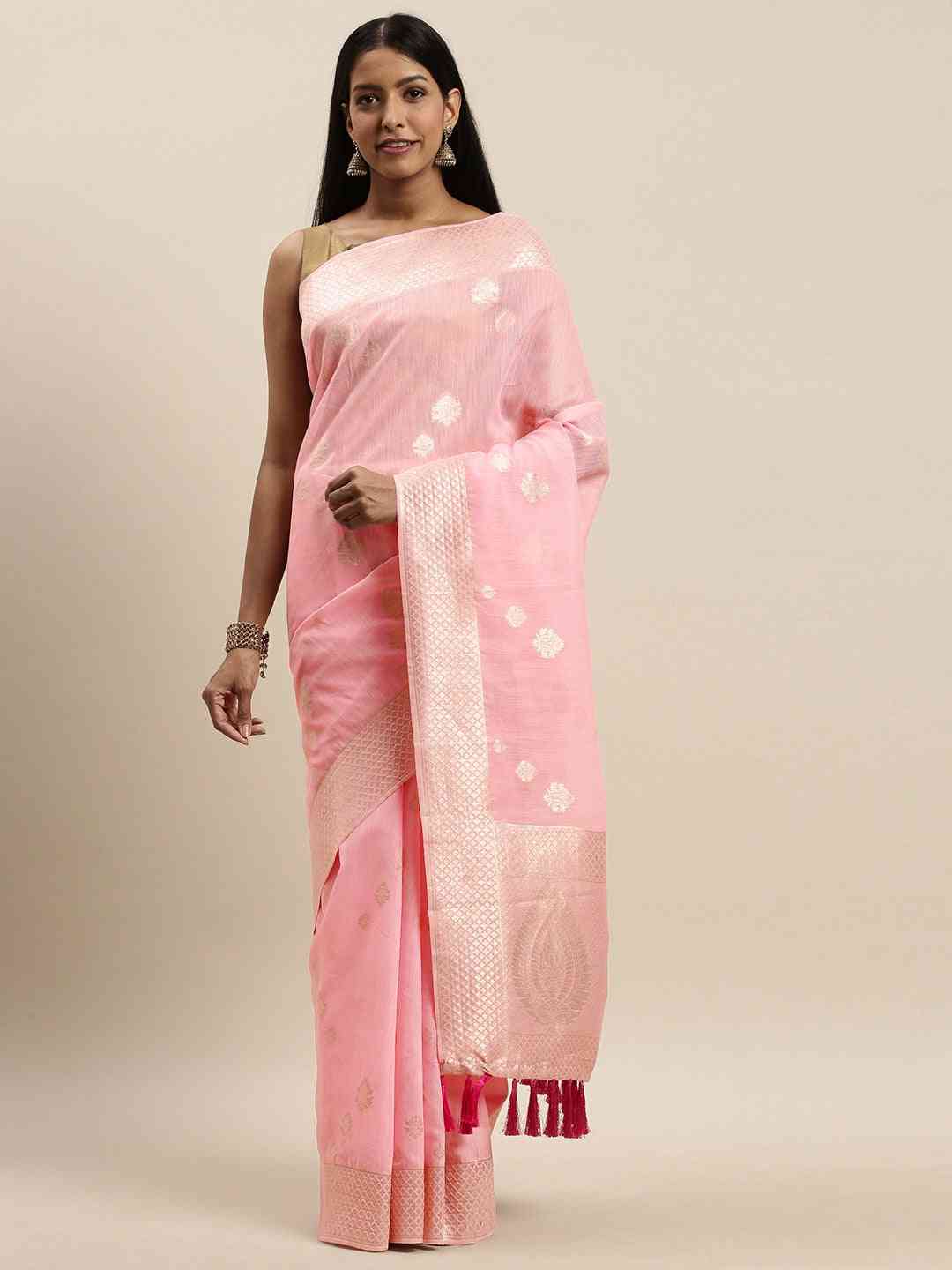 Bollywood Light Pink Colour Woven Design Cotton Saree