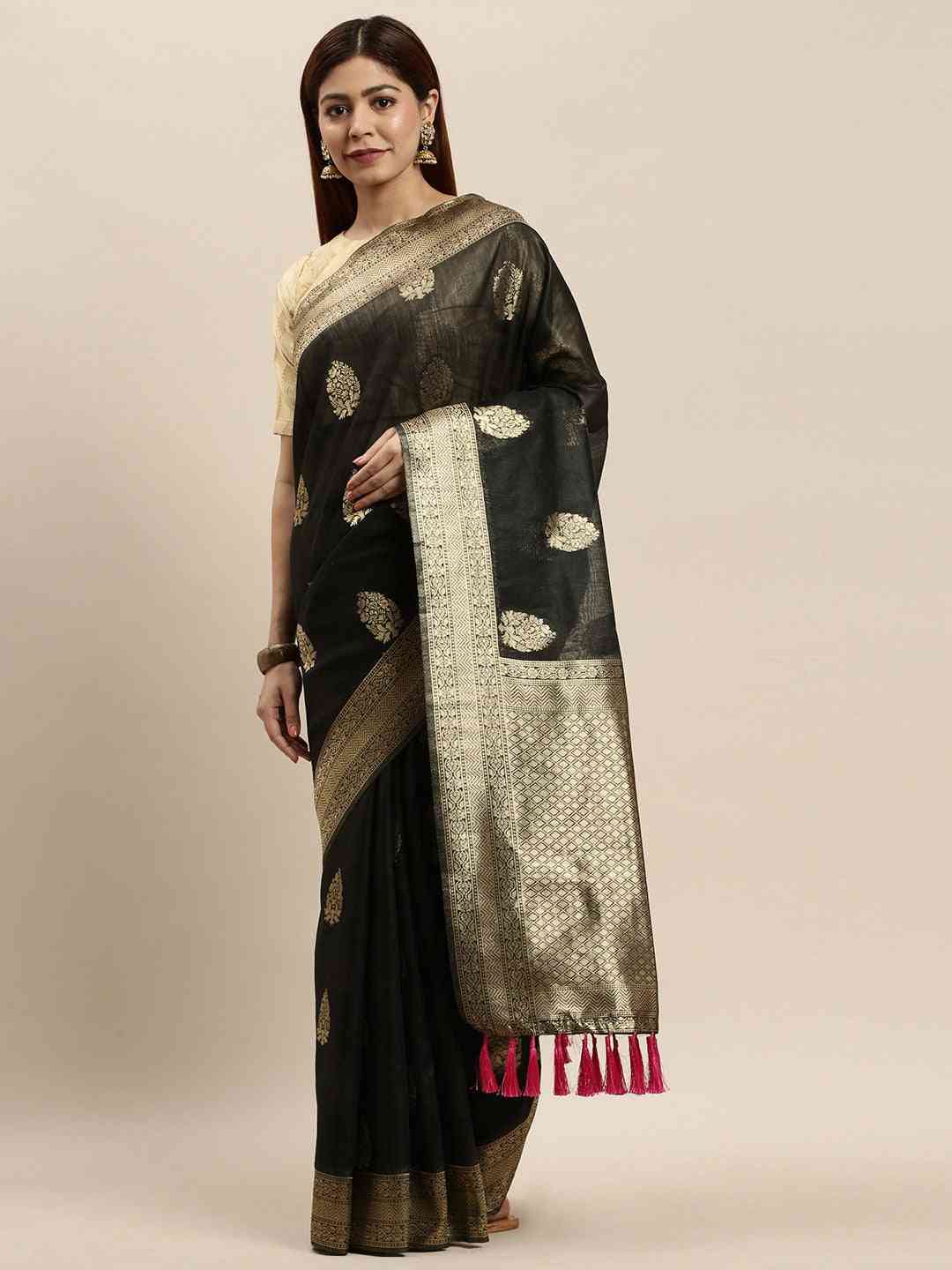 Bollywood Black Colour Cotton Woven Design Saree