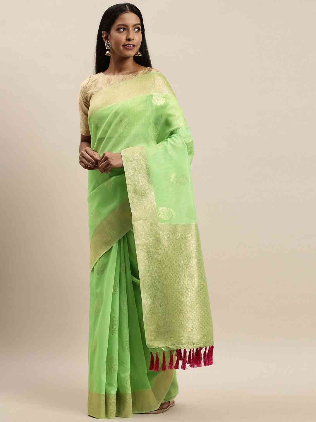 Stylish Bollywood Lime Colour Woven Design Cotton Saree