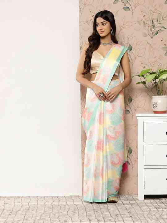 Soft Satin Georgette Pristel Colour Party Wear Saree