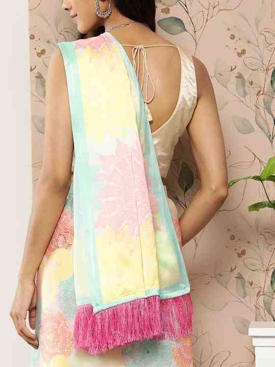 Soft Satin Georgette Pristel Colour Party Wear Saree