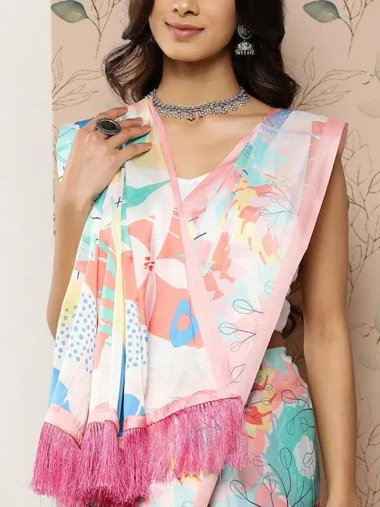 Soft Satin Georgette Saree in Pristel Colour