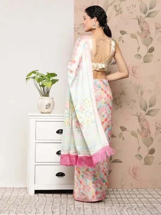 Soft Satin Georgette Saree in Pristel Colour