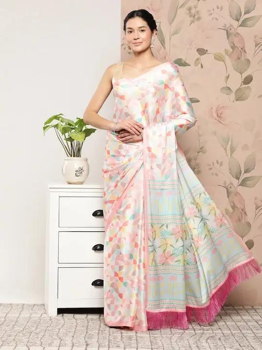 Soft Satin Georgette Saree in Pristel Colour