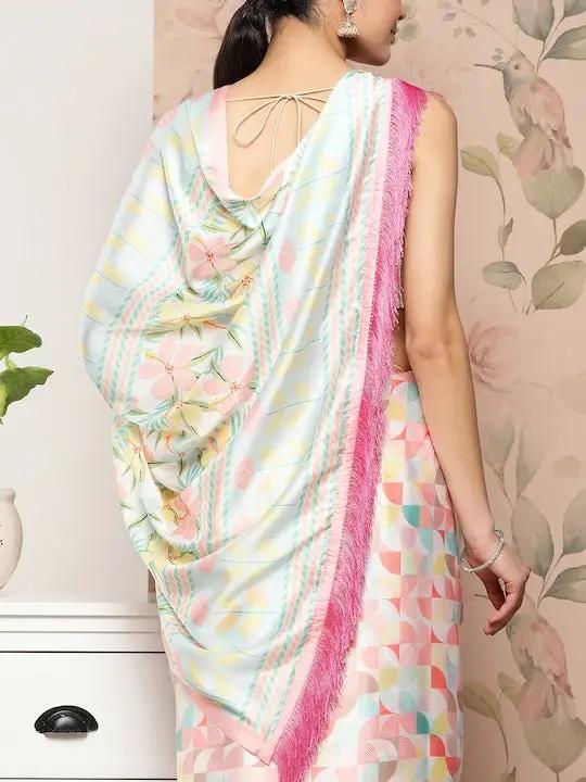 Soft Satin Georgette Saree in Pristel Colour