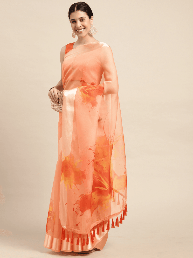 Peach Soft Organza Saree with Satin Border and Flower Digital Print