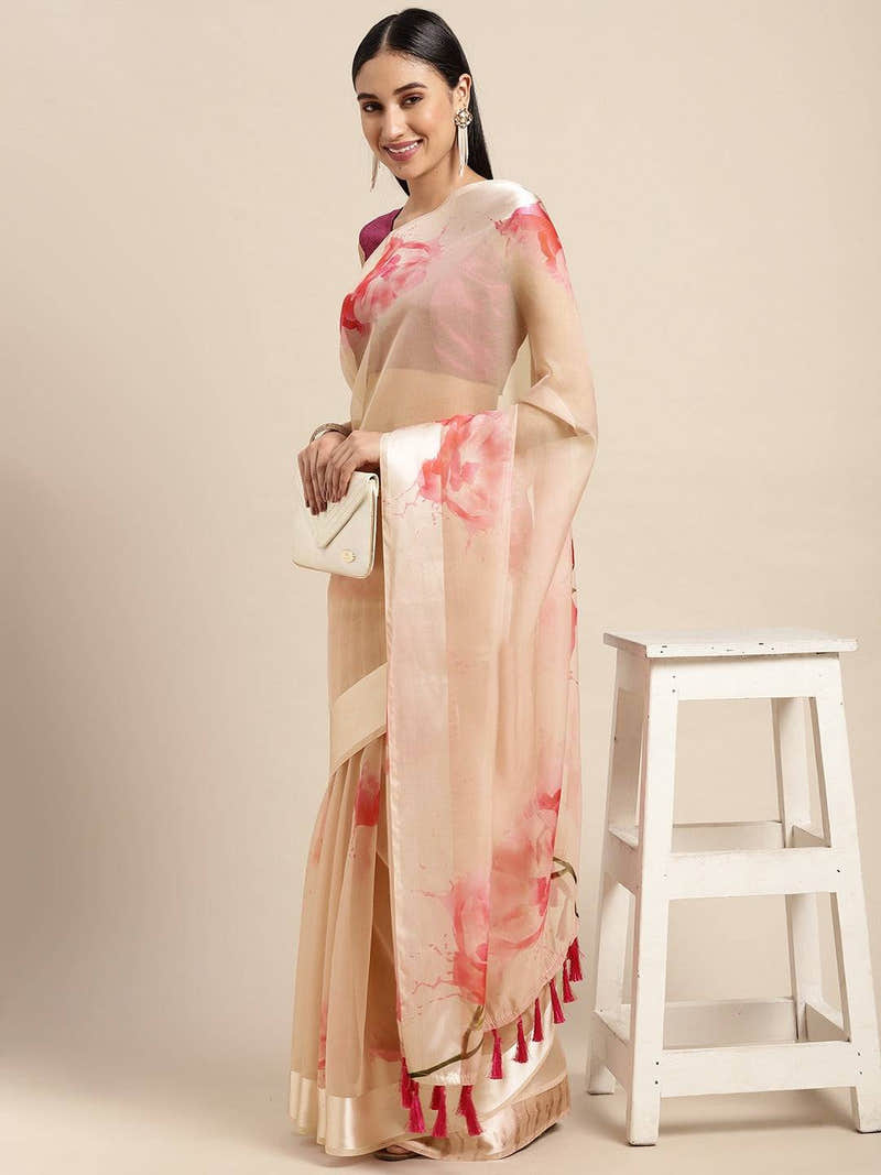 Beige Soft Organza Saree with Satin Border and Flower Digital Print