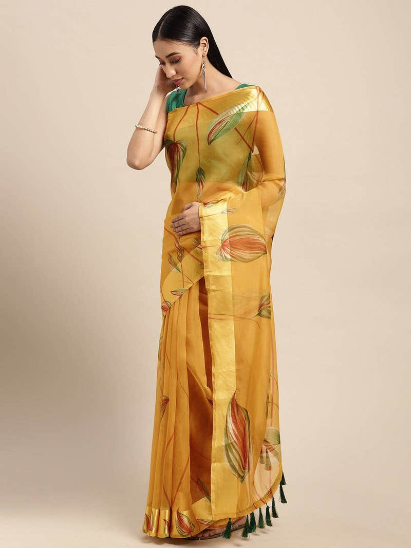 Yellow Soft Organza Saree with Satin Border and Flower Digital Print