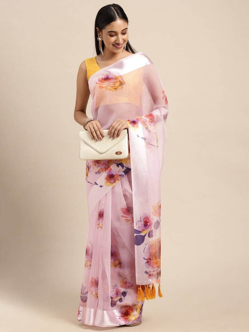 Light Pink Soft Organza Saree with Satin Border and Flower Digital Print