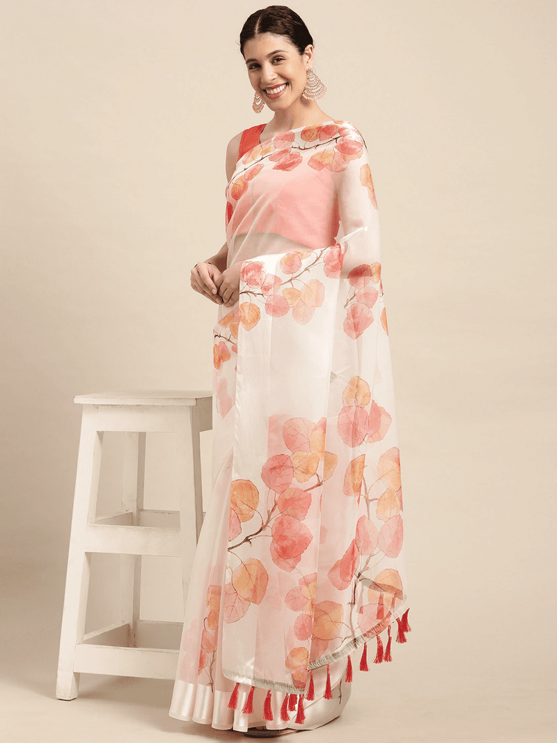 White Soft Organza Saree with Satin Border and Flower Digital Print