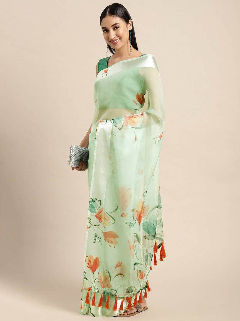 Pista Soft Organza Saree with Satin Border and Flower Digital Print