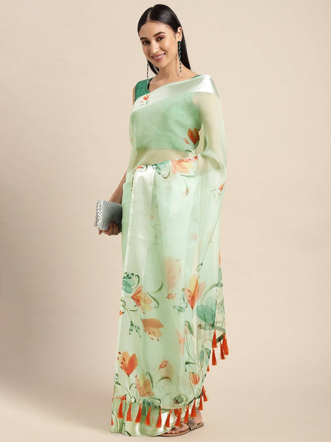 Organza With Satin Border Flower Print Party Wear Saree